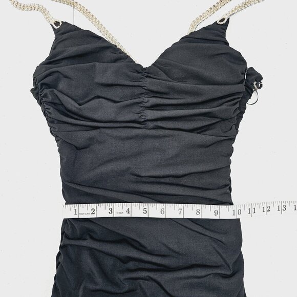 Vintage Cache Y2K Black Ruched Bodycon Dress 6 Rhinestone Chain Back Cocktail - Picture 8 of 17